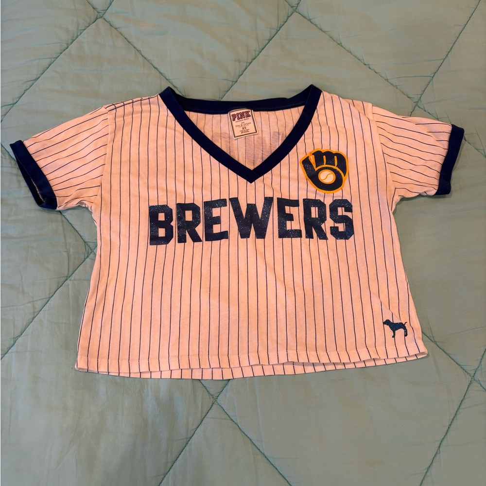 PINK Victoria's Secret x 5th & Ocean Pinstripe Brewers Crop Top